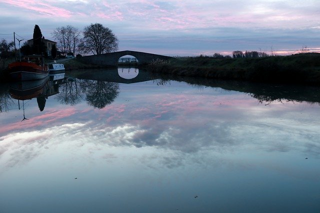 Kostenloser Download Sonnenuntergang Architektur Canal du Midi Kostenloses Bild, das mit dem kostenlosen Online-Bildeditor GIMP bearbeitet werden kann