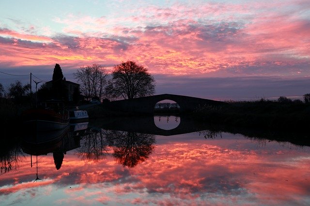 הורדה חינם של sunset canal du midi bridge trees תמונה חינם לעריכה עם עורך תמונות מקוון בחינם של GIMP