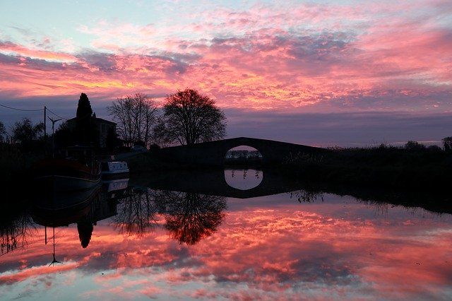 Free download sunset canal du midi bridge trees free picture to be edited with GIMP free online image editor