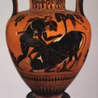 Free download Terracotta neck-amphora (jar) with Herakles and a bull free photo or picture to be edited with GIMP online image editor