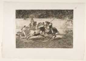 Free download The forceful Rendon stabs a bull with the pique, from which pass he died in the ring at Madrid, plate 28 of La Tauromaquia free photo or picture to be edited with GIMP online image editor