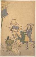 Free download Three Revelers of the Lower Classes, Wearing Komuso Hats, with Small Boy and Dog free photo or picture to be edited with GIMP online image editor