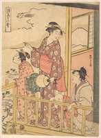 Free download Three Young Women and a Small Boy on a Balcony, Watching the Flight of an Onakadori free photo or picture to be edited with GIMP online image editor