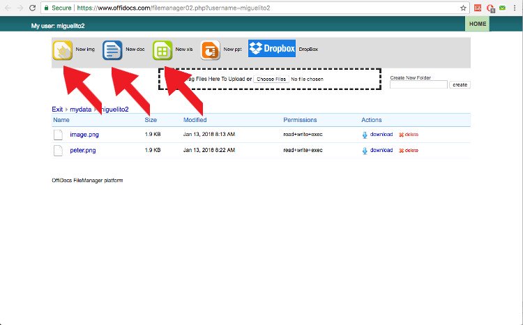 Gumagawa ang mga OffiDoc ng mga dokumento online mula sa filemanager