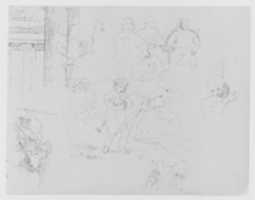 Free download Two Architectural Sketches; Three Men Seated at Table; Child Holding Pet in Landscape; Figure Appearing Behind Corner; Scene from Julius Ceasar (from Sketchbook) free photo or picture to be edited with GIMP online image editor