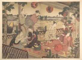 Free download Two Young Men and Several Women Dining at a Tea-house on the Bank of the Sumida River free photo or picture to be edited with GIMP online image editor