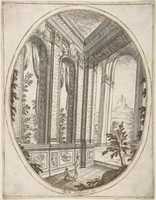 Free download Vertical Oval Vignette of A Palace Interior with Two Figures Admiring Decoration; a Craggy Mountain Seen Through a Window in The Far Distance. free photo or picture to be edited with GIMP online image editor