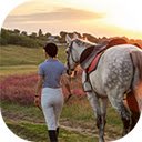 Woman leading two horses in sunset landscape  screen for extension Chrome web store in OffiDocs Chromium