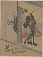 Free download Young Lady Looking through Door at Her Kamuro (Little Servant) who is Asleep on the Floor free photo or picture to be edited with GIMP online image editor