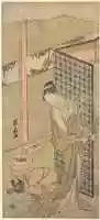 Free download An Oiran in Night Attire, pausing, with one Hand on the Screen that Surrounds Her Bed free photo or picture to be edited with GIMP online image editor