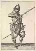 Free download A soldier on guard shaping the match between his thumb and his forefinger, from the Marksmen series, plate 41, in Wapenhandelinghe van Roers Musquetten Ende Spiessen (The Exercise of Arms) free photo or picture to be edited with GIMP online image editor