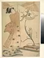 Free download A Woman Tying up a Curtain, a Flower Arrangement of Chrysanthemums in a Boat-shaped Hanging Vase, and Narcissus Arranged in a Flower Vase free photo or picture to be edited with GIMP online image editor