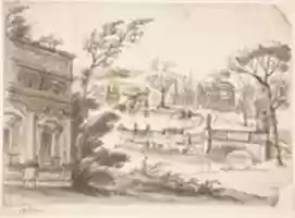 Free download Classical Landscape with Temples (recto); Indecipherable sketch, possibly of a seated figure (verso) free photo or picture to be edited with GIMP online image editor