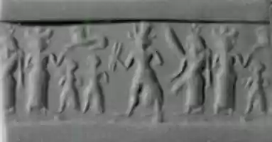 Free download Cylinder seal and modern impression: war goddess flanked by goddesses with Egyptian-style sun-disk headdress and vertical wings free photo or picture to be edited with GIMP online image editor
