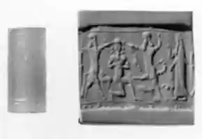 Free download Cylinder seal: scorpion-man and bull-man attacking kneeling nude male free photo or picture to be edited with GIMP online image editor