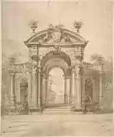 Free download Design for a Stage Set: Triumphal Arch with Fountains in the Side Niches and the View of a Boat through the Arch free photo or picture to be edited with GIMP online image editor