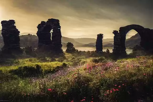 Free download fantasy meadow ruins landscape free picture to be edited with GIMP free online image editor