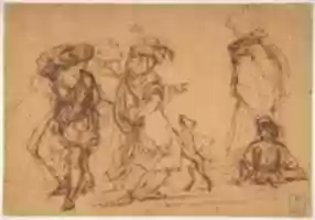 Free download Five Figures in Fantastic Costumes with Two Dogs free photo or picture to be edited with GIMP online image editor