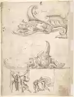 Free download Grotesque with Satyr Head and Fan Above Octagonal Medallion with Figure Kneeling Before an Idol.  Two Gryphons Drinking from Bowls Held Aloft by Jemale Term - like figure (recto); Two Turtle Like Creatures Above Scene with Four Figures (verso) free photo or picture to be edited with GIMP online image editor