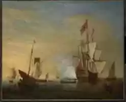 Free download Harbor Scene: An English Ship with Sails Loosened Firing a Gun free photo or picture to be edited with GIMP online image editor