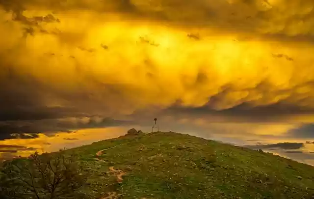 Free download hilltop clouds sky green gold free picture to be edited with GIMP free online image editor