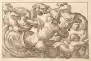Free download Horizontal Panel Design with Four Hybrid Male Figures and a Fantastical Creature Interspersed between Acanthus Rinceaux free photo or picture to be edited with GIMP online image editor