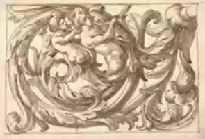 Free download Horizontal Panel Design with Two Male Figures Playing Horns Interspersed between Acanthus Rinceaux free photo or picture to be edited with GIMP online image editor