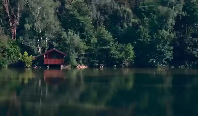 Free download lake forest trees hut landscape free picture to be edited with GIMP free online image editor