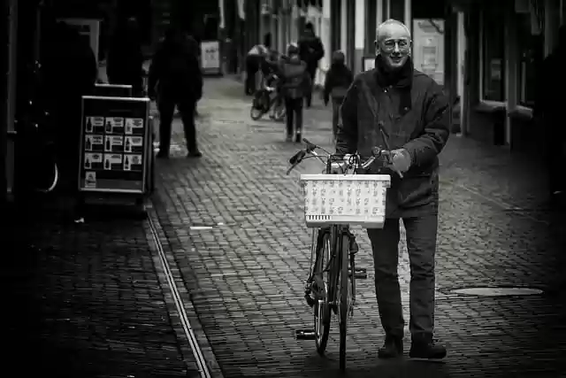 Free download man bicycle basket black and white free picture to be edited with GIMP free online image editor