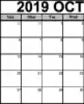 Download grátis Printable October 2019 Calendar DOC, XLS ou PPT template grátis para ser editado com LibreOffice online ou OpenOffice Desktop online