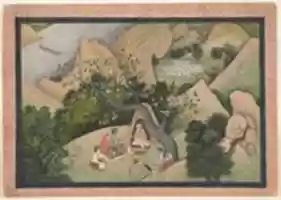 Free download Rama, Sita, and Lakshmana at the Hermitage of Bharadvaja: Folio from a Ramayana Series free photo or picture to be edited with GIMP online image editor