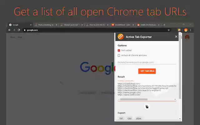 Aktibong Tab Exporter para sa Chrome mula sa Chrome web store na tatakbo sa OffiDocs Chromium online
