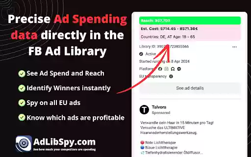 AdLibSpy See Spend in FB Ads Library  from Chrome web store to be run with OffiDocs Chromium online
