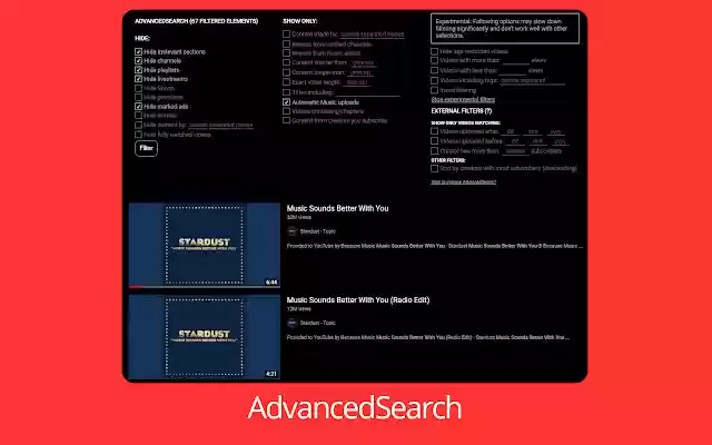 AdvancedSearch for YouTube  from Chrome web store to be run with OffiDocs Chromium online