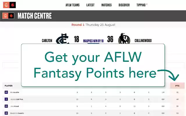 AFLW Fantasy Points from Chrome web store to be run with OffiDocs Chromium online AFLW Fantasy Points from Chrome web store to be run with OffiDocs Chromium online