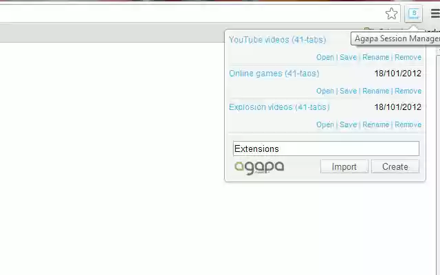 Agapa Session Manager  from Chrome web store to be run with OffiDocs Chromium online