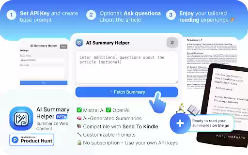 AI Summary Helper OpenAI, Mistral, Ollama, Kindle Summarize Save Articles  from Chrome web store to be run with OffiDocs Chromium online