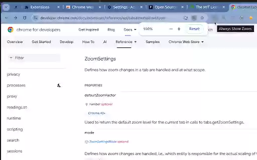 Always Show Zoom  from Chrome web store to be run with OffiDocs Chromium online