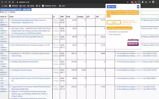 Chrome ウェブストアの Amazon Order History Reporter を OffiDocs Chromium online で実行
