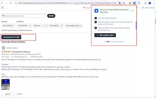 Amazon Product Reviews Export CSV Tool  from Chrome web store to be run with OffiDocs Chromium online