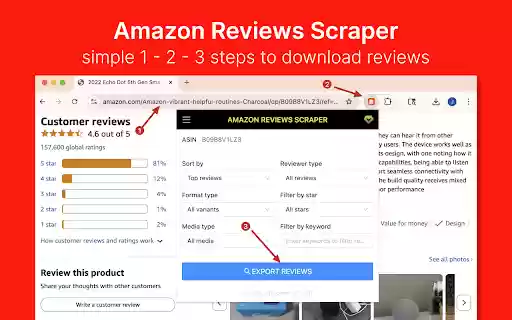 Amazon Reviews Scraper Extract Amazon Reviews to CSV/Excel/JSON  from Chrome web store to be run with OffiDocs Chromium online
