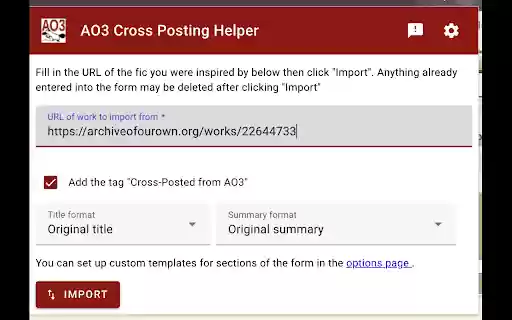AO3 Cross Posting Helper  from Chrome web store to be run with OffiDocs Chromium online
