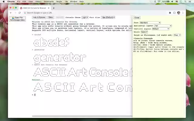ASCII Art Console for Browser from Chrome web store to be run with OffiDocs Chromium online ASCII Art Console for Browser from Chrome web store to be run with OffiDocs Chromium online