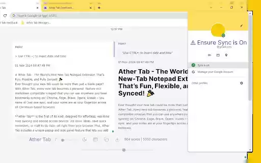 Ather Tab Synced Notes in Tab, Popup and Side Panel  from Chrome web store to be run with OffiDocs Chromium online