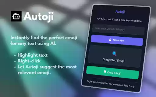Autoji AI Emoji Suggester from Chrome web store to be run with OffiDocs Chromium online Autoji AI Emoji Suggester from Chrome web store to be run with OffiDocs Chromium online