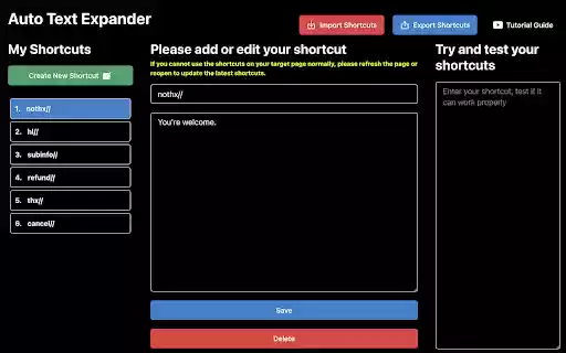 Auto Text Expander: Text Shortcuts  Snippets  from Chrome web store to be run with OffiDocs Chromium online