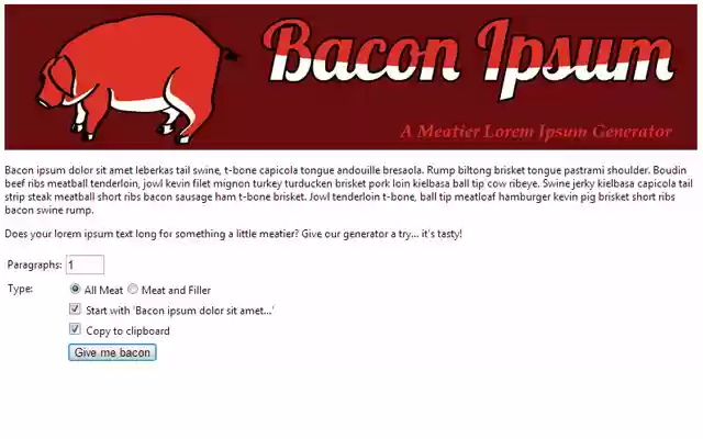 Bacon Ipsum from Chrome web store to be run with OffiDocs Chromium online Bacon Ipsum from Chrome web store to be run with OffiDocs Chromium online