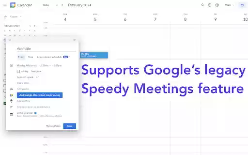 Better Speedy Meetings for Google Calendar  from Chrome web store to be run with OffiDocs Chromium online