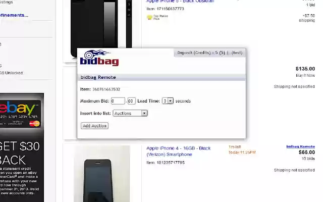 来自 Chrome 网上商店的 bidbag Remote eBay sniper 将与 OffiDocs Chromium 在线运行
