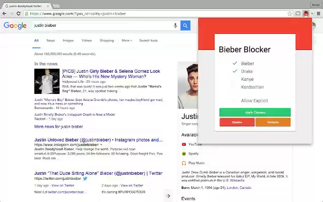 Bieber Blocker  from Chrome web store to be run with OffiDocs Chromium online